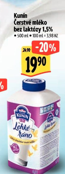 Čerstvé mléko bez laktózy Lehké ráno Mlékárna Kunín - 1,5% polotučné