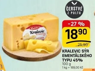 Sýr ementálského typu 45% Kralevic Laktos