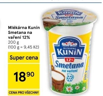 Smetana na vaření Mlékárna Kunín 12%