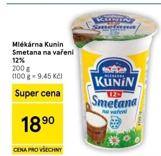 Smetana na vaření Mlékárna Kunín 12%