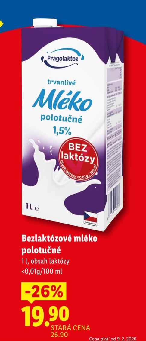 Mléko trvanlivé bez laktózy Pragolaktos- 1,5% polotučné