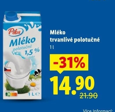 Mléko trvanlivé Pilos - 1,5% polotučné