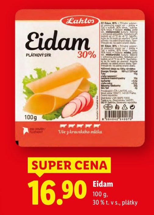 Sýr Eidam 30% Laktos