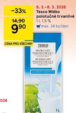 Mléko trvanlivé Tesco - 1,5% polotučné