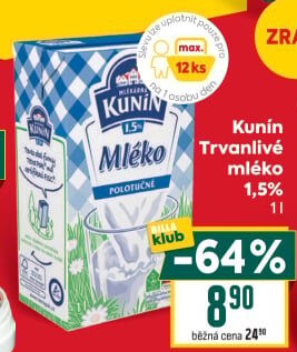 Mléko trvanlivé Mlékárna Kunín - 1,5% polotučné