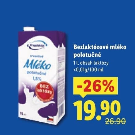 Mléko trvanlivé bez laktózy Pragolaktos- 1,5% polotučné