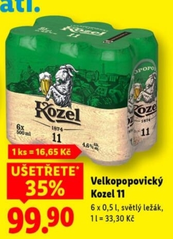 Pivo světlý ležák 11° Medium Velkopopovický Kozel