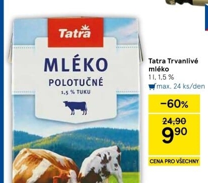 Mléko trvanlivé Tatra - 1,5% polotučné