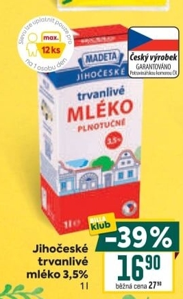 Mléko trvanlivé Jihočeské Madeta - 3,5% plnotučné