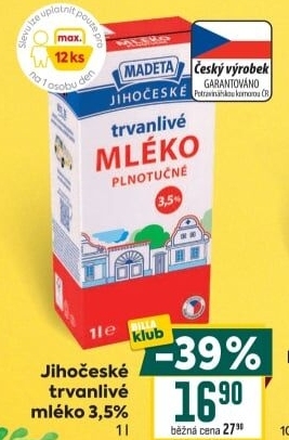 Mléko trvanlivé Jihočeské Madeta - 3,5% plnotučné