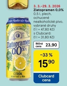 Nealkoholické pivo ochucené Radler Zlatopramen