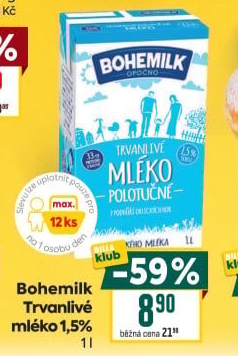 Mléko trvanlivé Bohemilk - 1,5% polotučné