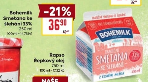 Smetana ke šlehání 33% Bohemilk Opočno