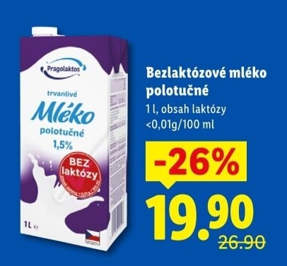 Mléko trvanlivé bez laktózy Pragolaktos- 1,5% polotučné
