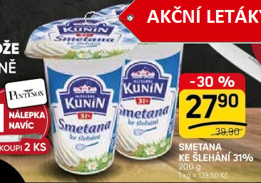 Smetana ke šlehání Mlékárna Kunín 31%