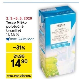 Mléko trvanlivé Tesco - 1,5% polotučné