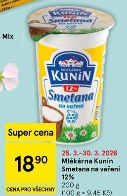 Smetana na vaření Mlékárna Kunín 12%