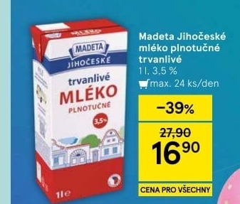 Mléko trvanlivé Jihočeské Madeta - 3,5% plnotučné