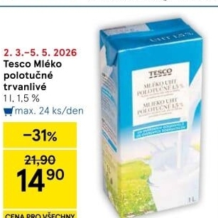 Mléko trvanlivé Tesco - 1,5% polotučné