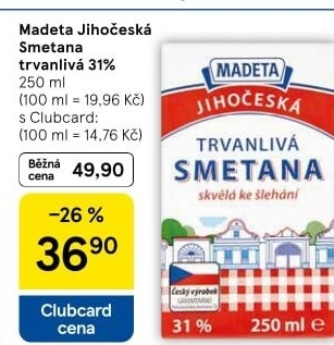 Smetana ke šlehání trvanlivá Jihočeská Madeta 31%
