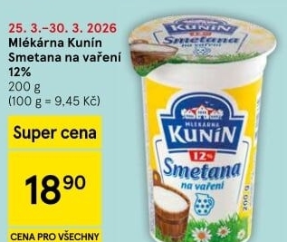 Smetana na vaření Mlékárna Kunín 12%