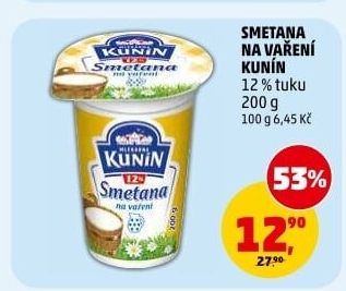 Smetana na vaření Mlékárna Kunín 12%
