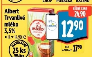 Mléko trvanlivé Albert - 3,5% plnotučné
