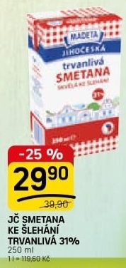 Smetana ke šlehání trvanlivá Jihočeská Madeta 31%
