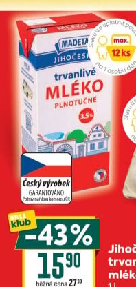 Mléko trvanlivé Jihočeské Madeta - 3,5% plnotučné