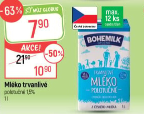 Mléko trvanlivé Bohemilk - 1,5% polotučné
