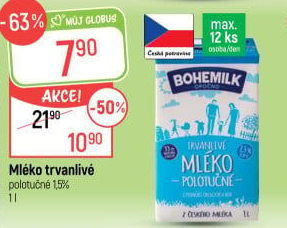 Mléko trvanlivé Bohemilk - 1,5% polotučné