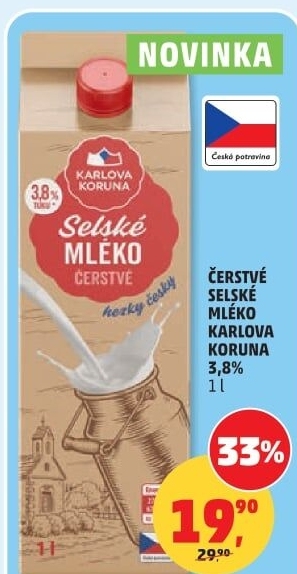 Mléko čerstvé selské Karlova Koruna - 3,8% plnotučné