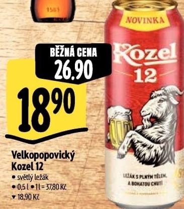 Pivo světlý ležák 12° Velkopopovický Kozel
