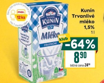 Mléko trvanlivé Mlékárna Kunín - 1,5% polotučné
