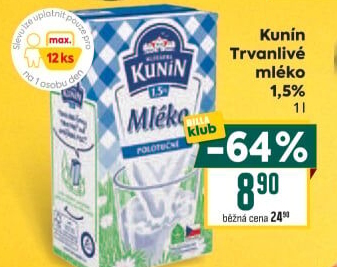 Mléko trvanlivé Mlékárna Kunín - 1,5% polotučné