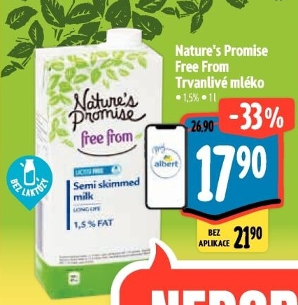 Mléko trvanlivé bez laktózy Free From Nature'