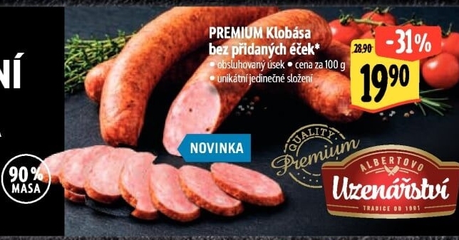 Klobása Premium bez přidaných éček Albertovo uzenářství