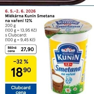 Smetana na vaření Mlékárna Kunín 12%