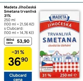 Smetana ke šlehání trvanlivá Jihočeská Madeta 31%